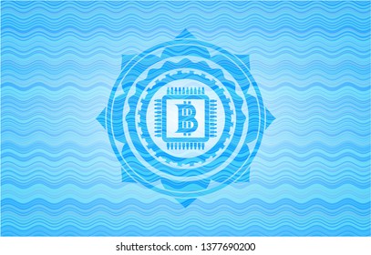 bitcoin chip (cryptocurrency mining concept) icon inside light blue water emblem background.