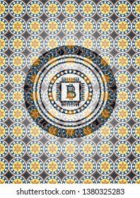 bitcoin chip (cryptocurrency mining concept) icon inside arabic badge background. Arabesque decoration.