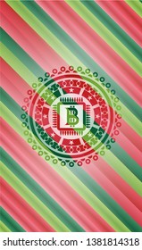 bitcoin chip (cryptocurrency mining concept) icon inside christmas colors style badge.