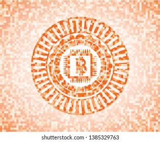bitcoin chip (cryptocurrency mining concept) icon inside abstract orange mosaic emblem