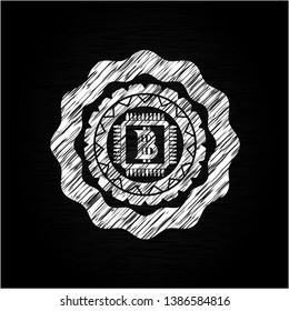bitcoin chip (cryptocurrency mining concept) icon drawn on a blackboard