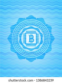 bitcoin chip (cryptocurrency mining concept) icon inside light blue water wave emblem.