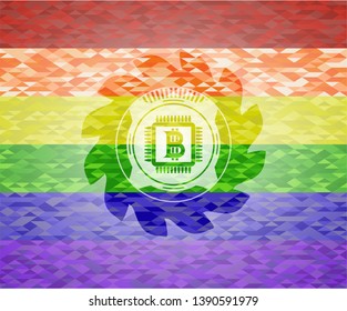 bitcoin chip (cryptocurrency mining concept) icon inside emblem on mosaic background with the colors of the LGBT flag