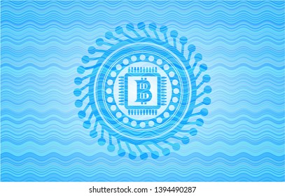 bitcoin chip (cryptocurrency mining concept) icon inside light blue water wave style badge.