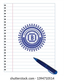 bitcoin chip (cryptocurrency mining concept) icon pen strokes emblem. Blue ink. Vector Illustration. Detailed.