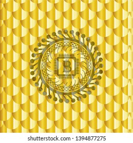 bitcoin chip (cryptocurrency mining concept) icon inside shiny golden emblem. Scales pattern. Vector Illustration. Detailed.