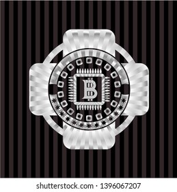 bitcoin chip (cryptocurrency mining concept) icon inside silvery emblem
