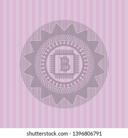bitcoin chip (cryptocurrency mining concept) icon inside pink emblem. Vintage.