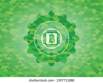 bitcoin chip (cryptocurrency mining concept) icon inside green emblem with mosaic ecological style background