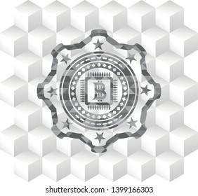 bitcoin chip (cryptocurrency mining concept) icon inside realistic grey emblem with geometric cube white background