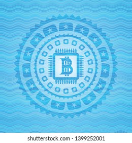 bitcoin chip (cryptocurrency mining concept) icon inside water wave style badge.