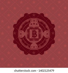 bitcoin chip (cryptocurrency mining concept) icon inside red emblem. Retro