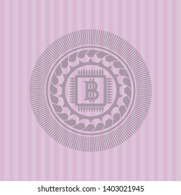 bitcoin chip (cryptocurrency mining concept) icon inside realistic pink emblem