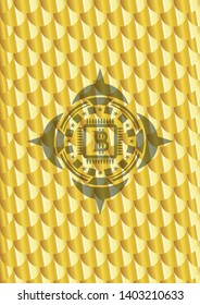 bitcoin chip (cryptocurrency mining concept) icon inside gold emblem or badge. Scales pattern. Vector Illustration. Detailed.