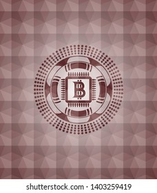 bitcoin chip (cryptocurrency mining concept) icon inside red seamless emblem with geometric pattern.