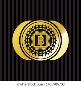 bitcoin chip (cryptocurrency mining concept) icon inside gold emblem or badge