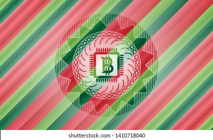 bitcoin chip (cryptocurrency mining concept) icon inside christmas style badge..