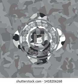 bitcoin chip (cryptocurrency mining concept) icon on grey camouflage pattern