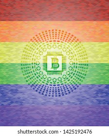 bitcoin chip (cryptocurrency mining concept) icon inside emblem on mosaic background with the colors of the LGBT flag