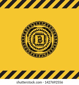 bitcoin chip (cryptocurrency mining concept) icon grunge black emblem with yellow background, warning sign. Vector Illustration. Detailed.