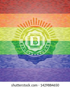 bitcoin chip (cryptocurrency mining concept) icon inside emblem on mosaic background with the colors of the LGBT flag