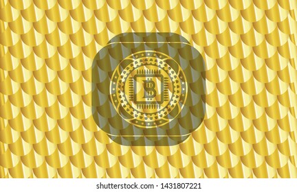 bitcoin chip (cryptocurrency mining concept) icon inside gold shiny badge. Scales pattern. Vector Illustration. Detailed.