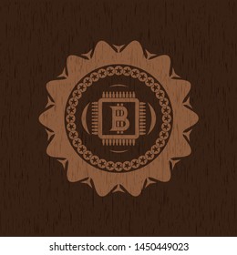 bitcoin chip (cryptocurrency mining concept) icon inside wooden emblem. Vintage.