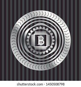 bitcoin chip (cryptocurrency mining concept) icon inside silver badge or emblem