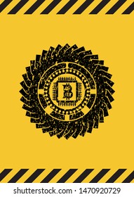 bitcoin chip (cryptocurrency mining concept) icon black grunge emblem with yellow background. Vector Illustration. Detailed.