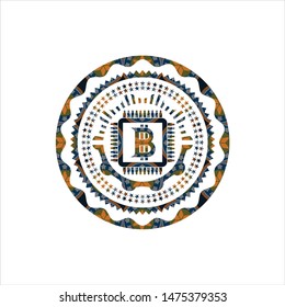 bitcoin chip (cryptocurrency mining concept) icon inside arabic badge background. Arabesque decoration.