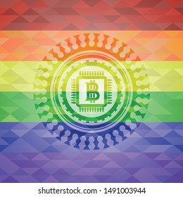 bitcoin chip (cryptocurrency mining concept) icon inside emblem on mosaic background with the colors of the LGBT flag