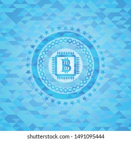 bitcoin chip (cryptocurrency mining concept) icon inside sky blue emblem. Mosaic background