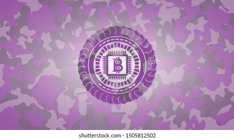 bitcoin chip (cryptocurrency mining concept) icon inside pink camo emblem