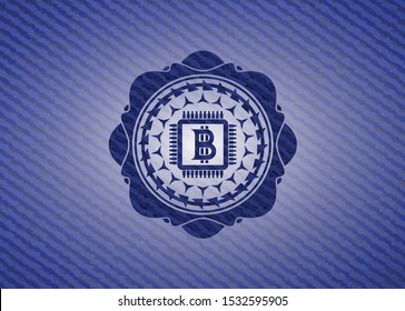 bitcoin chip (cryptocurrency mining concept) icon inside jean or denim emblem or badge background