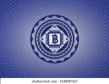 bitcoin chip (cryptocurrency mining concept) icon inside badge with denim background