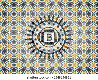 bitcoin chip (cryptocurrency mining concept) icon inside arabic style badge. Arabesque decoration.