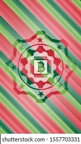 bitcoin chip (cryptocurrency mining concept) icon inside christmas badge background.