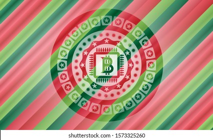 bitcoin chip (cryptocurrency mining concept) icon inside christmas emblem.