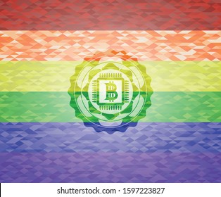 bitcoin chip (cryptocurrency mining concept) icon inside lgbt colors emblem 