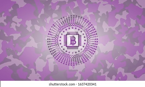 bitcoin chip (cryptocurrency mining concept) icon inside pink camo emblem