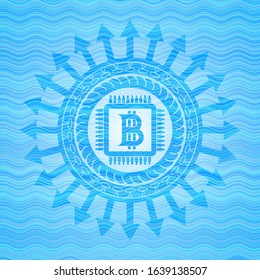 bitcoin chip (cryptocurrency mining concept) icon inside sky blue water emblem background.