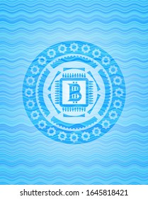 bitcoin chip (cryptocurrency mining concept) icon inside light blue water wave badge background.