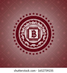 icono del chip de bitcoin (concepto de minería de criptodivisa) dentro del emblema rojo vintage