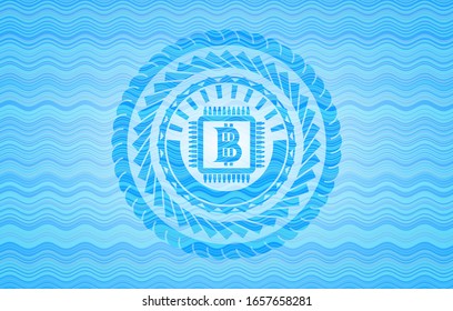 bitcoin chip (cryptocurrency mining concept) icon inside light blue water badge background.