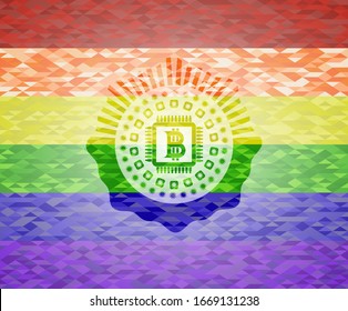 bitcoin chip (cryptocurrency mining concept) icon on mosaic background with the colors of the LGBT flag