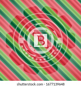 bitcoin chip (cryptocurrency mining concept) icon inside christmas style badge..
