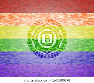 bitcoin chip (cryptocurrency mining concept) icon inside emblem on mosaic background with the colors of the LGBT flag