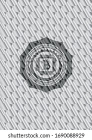 bitcoin chip (cryptocurrency mining concept) icon inside shiny silver emblem. Scales pattern. Vector Illustration. Detailed.