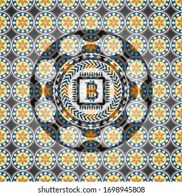 bitcoin chip (cryptocurrency mining concept) icon inside arabic emblem background. Arabesque decoration.