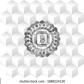 Bitcoin-Chip (Cryptowährung Mining Konzept) Symbol in grauem Symbol oder Emblem mit geometrischem, weißem Hintergrund. 
